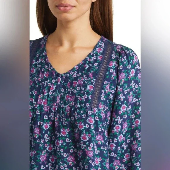 Lucky Brand Pintuck & Embroidery Cotton Blend Peasant Blouse, Navy, XXL, NWT - Picture 2 of 6